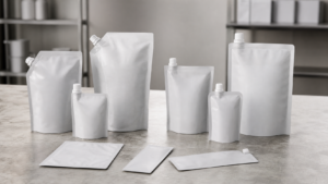 Several unbranded spout pouches with caps, spouts, gussets, and flat pouch formats arranged on a neutral workbench.