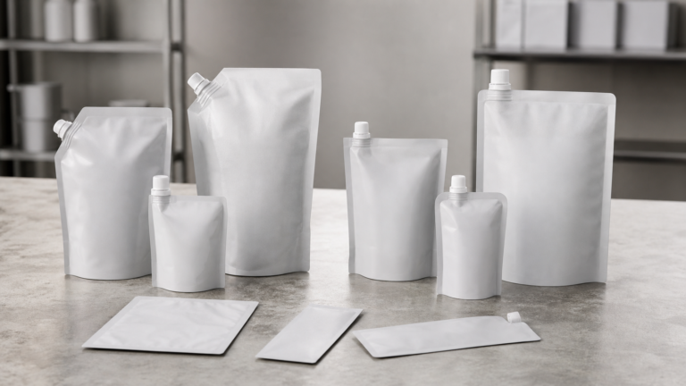 Several unbranded spout pouches with caps, spouts, gussets, and flat pouch formats arranged on a neutral workbench.