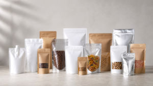 Several unbranded filled stand-up pouches with zipper, opaque, kraft-faced, and spouted formats on a neutral surface.