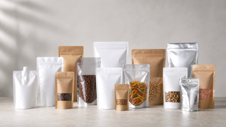 Several unbranded filled stand-up pouches with zipper, opaque, kraft-faced, and spouted formats on a neutral surface.