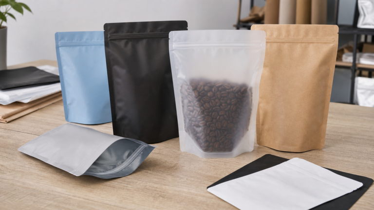 Unbranded zipper pouches in several flexible packaging formats arranged on a clean workbench.