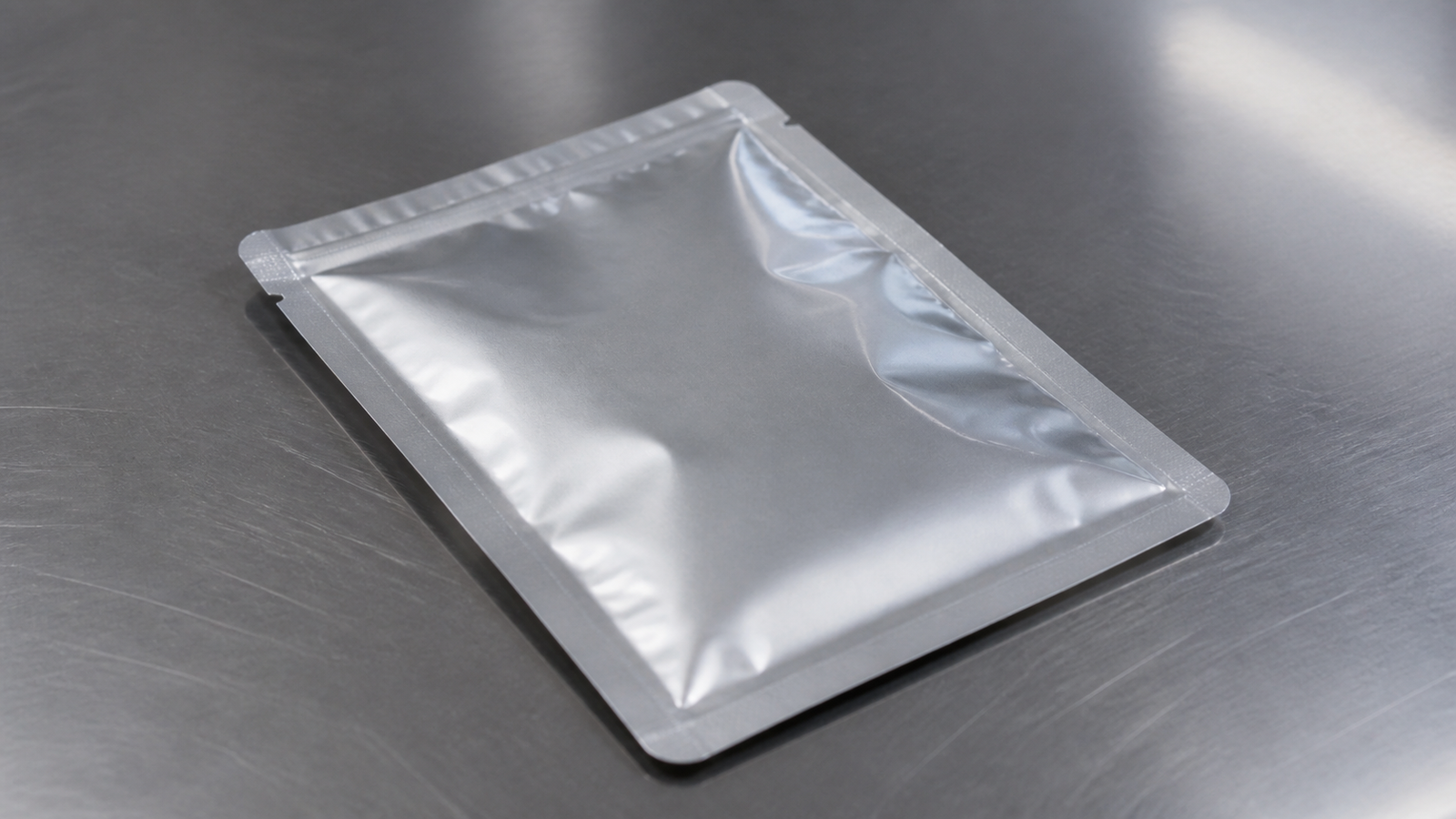 Sealed Retort Pouch Laminate Close view of an unbranded sealed silver retort pouch with heat-sealed edges.