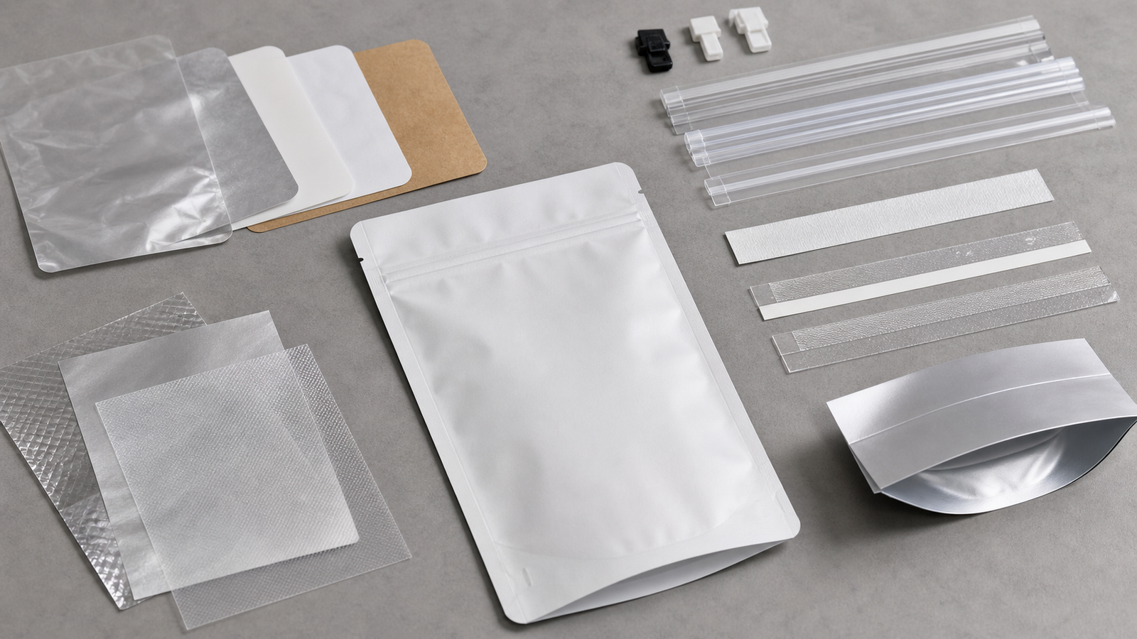 Flexible Pouch Function Review Unbranded pouch prototypes, film swatches, and inspection notes arranged for a package function review