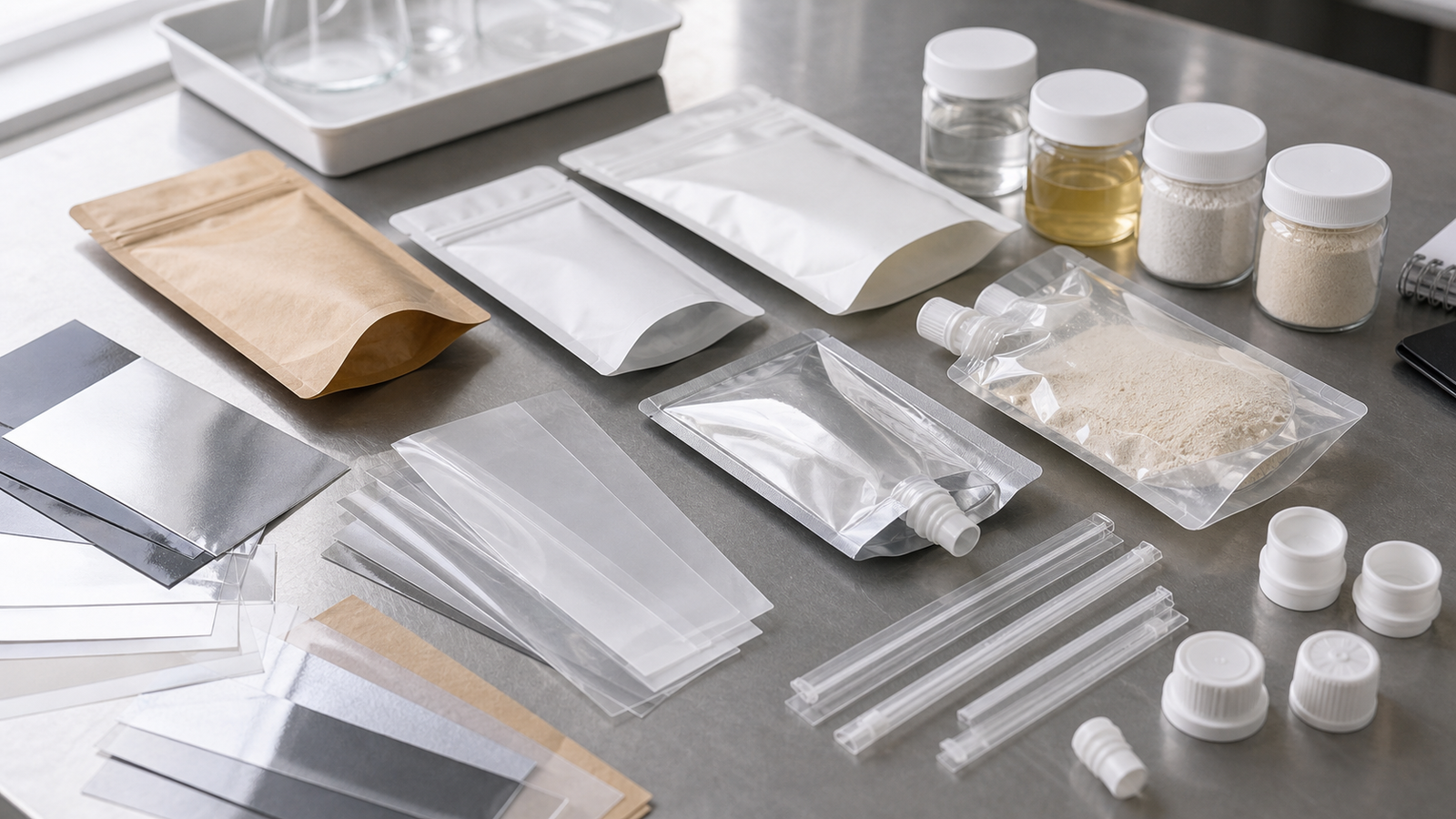 Product Contact Material Review Film swatches, sealant samples, closure parts, and lab containers arranged for product-contact review