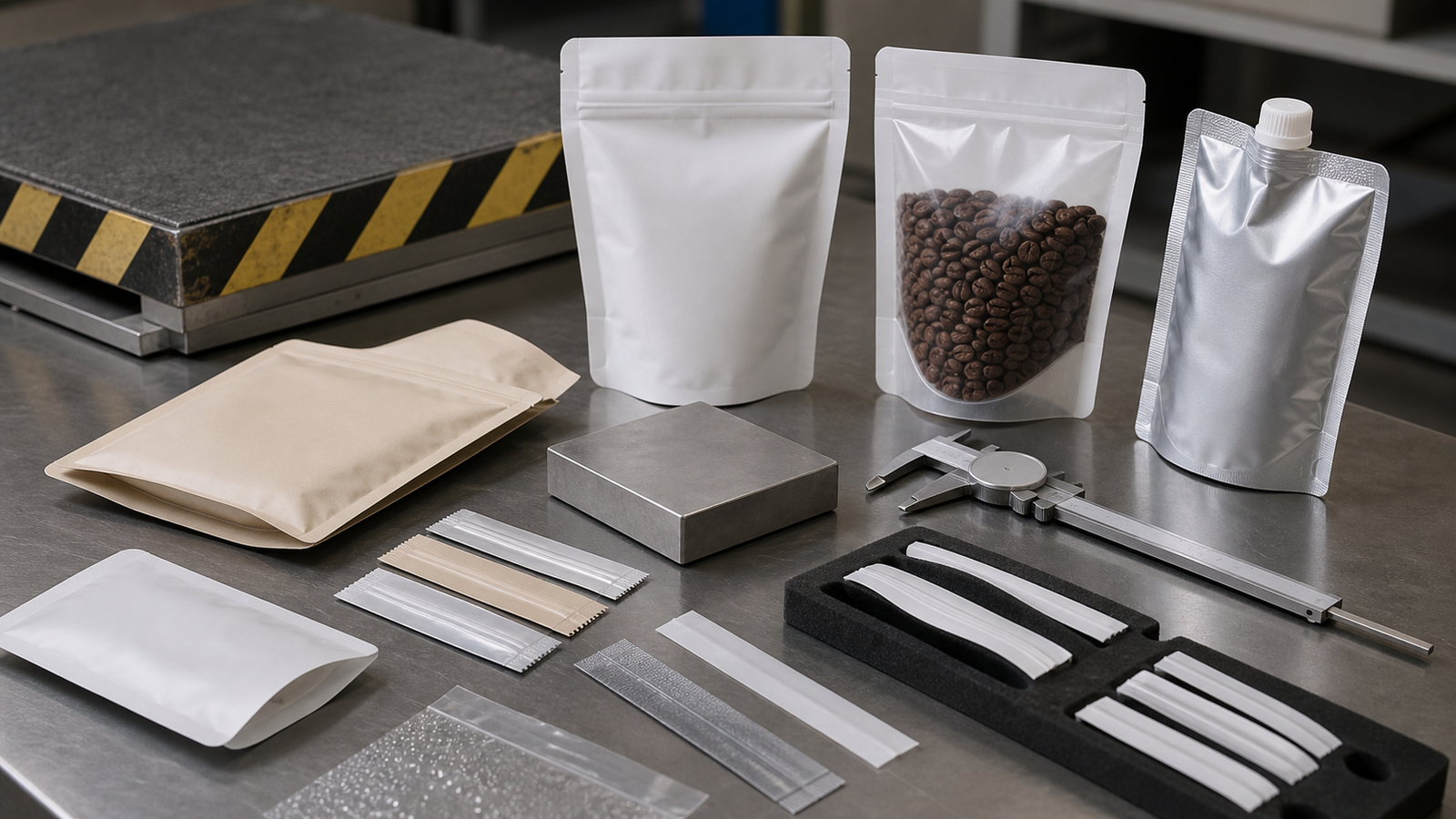 Filled Pouch Validation Setup Filled unbranded pouch samples, carton mockup, and inspection tools arranged for validation