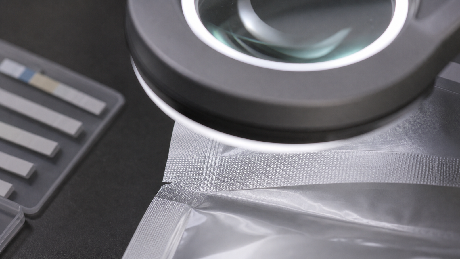 Heat Seal Inspection Close inspection of an unbranded retort pouch heat seal under a magnifier.