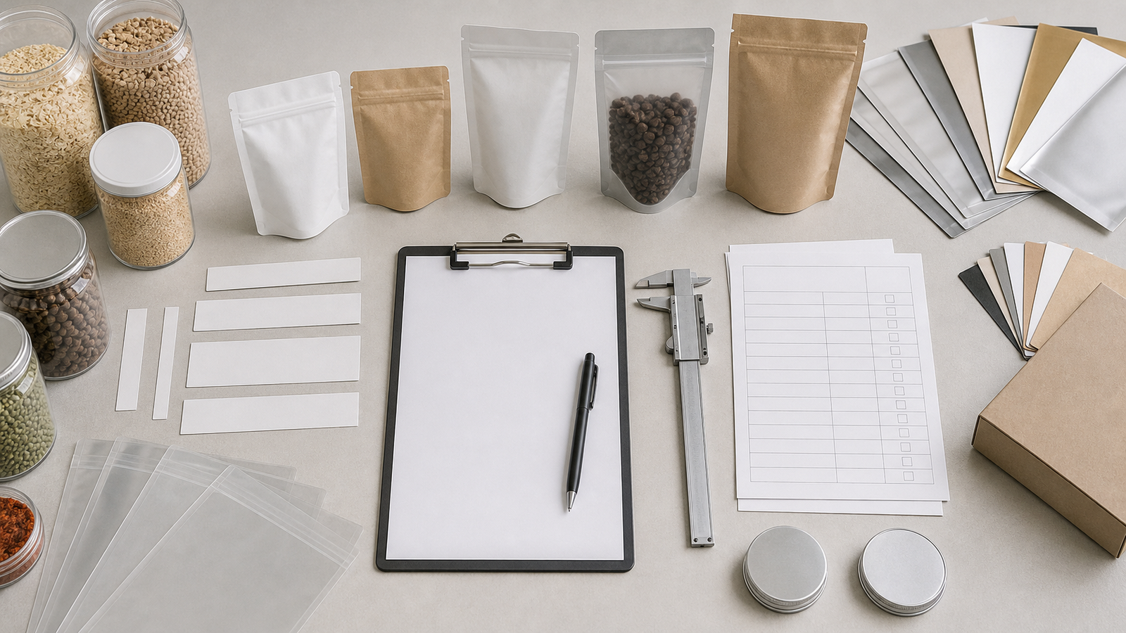Packaging specification desk with pouch samples, measuring tools, and blank checklist papers
