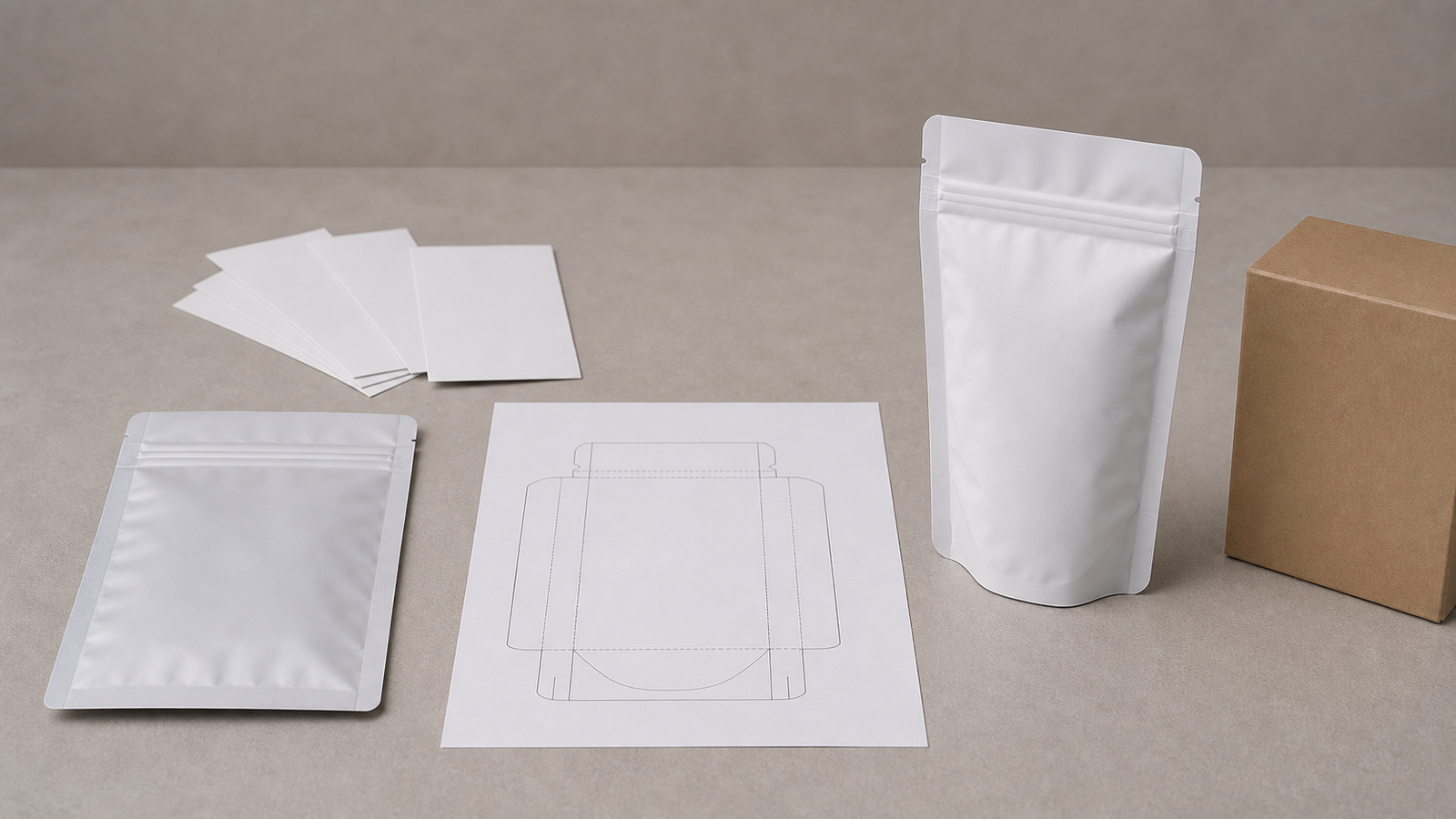 Flat pouch sample and filled standing pouch compared beside a carton