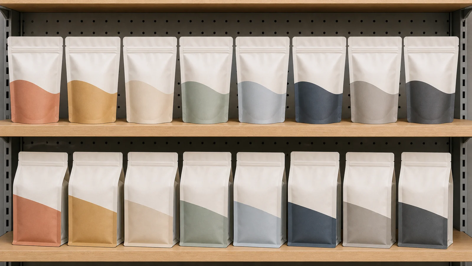 Retail Pouch Shelf Formats Unbranded stand-up and flat bottom pouches arranged in contrasting retail shelf facings.