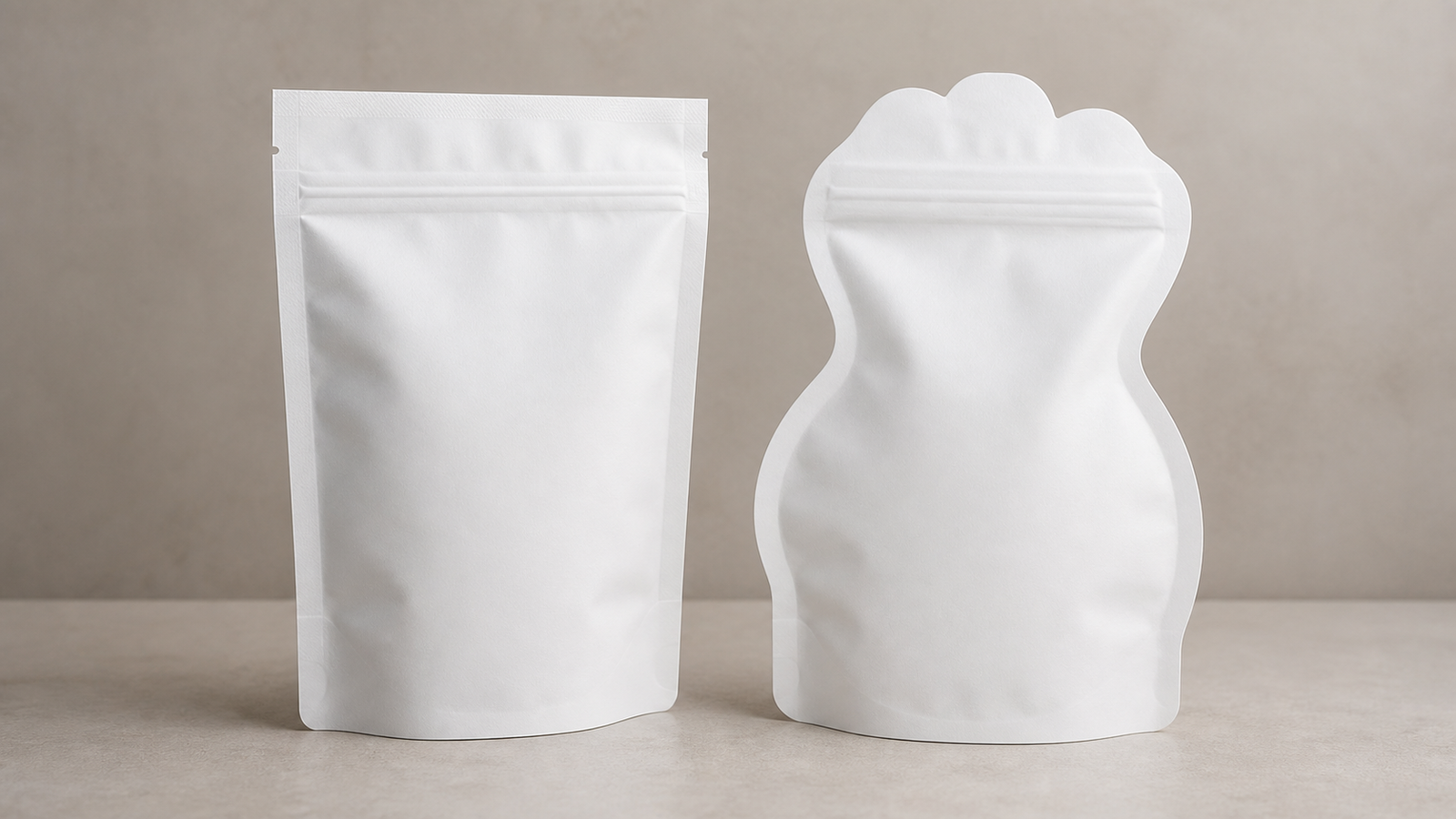 Shaped Pouch Outline Unbranded shaped pouch placed next to a standard stand-up pouch showing the custom outline and seal margin.
