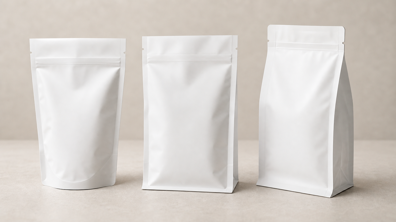 Stand-Up Box and Side-Gusset Pouches Three unbranded pouch constructions showing a bottom-gusset stand-up pouch, a flat-bottom pouch, and a side-gusset pouch.