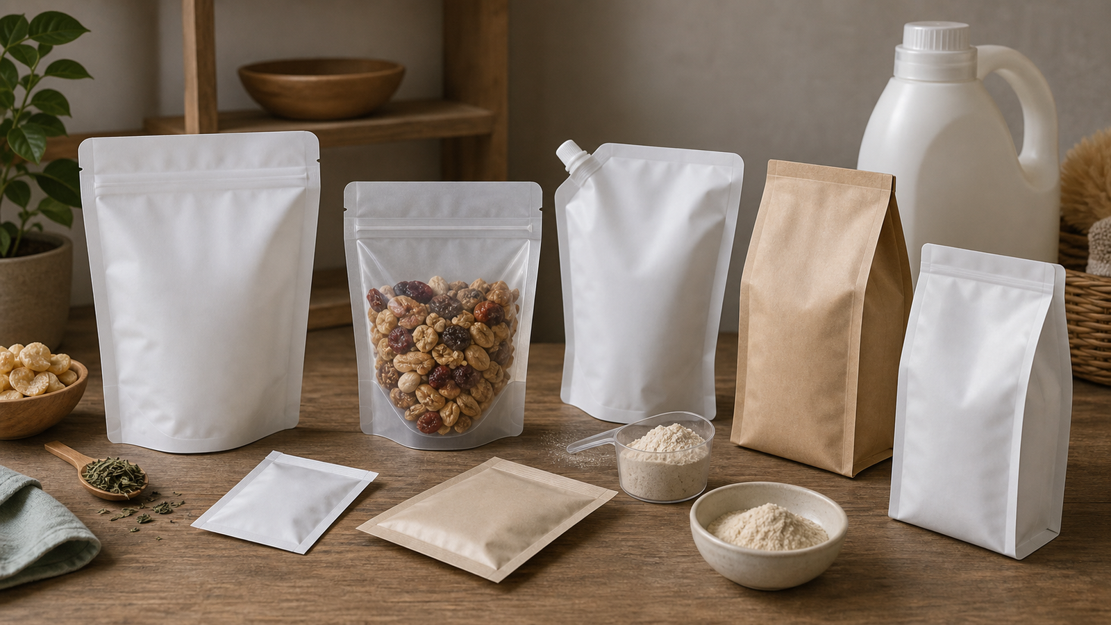Custom Pouch Application Range Several unbranded flexible pouch formats arranged to show different packaging applications