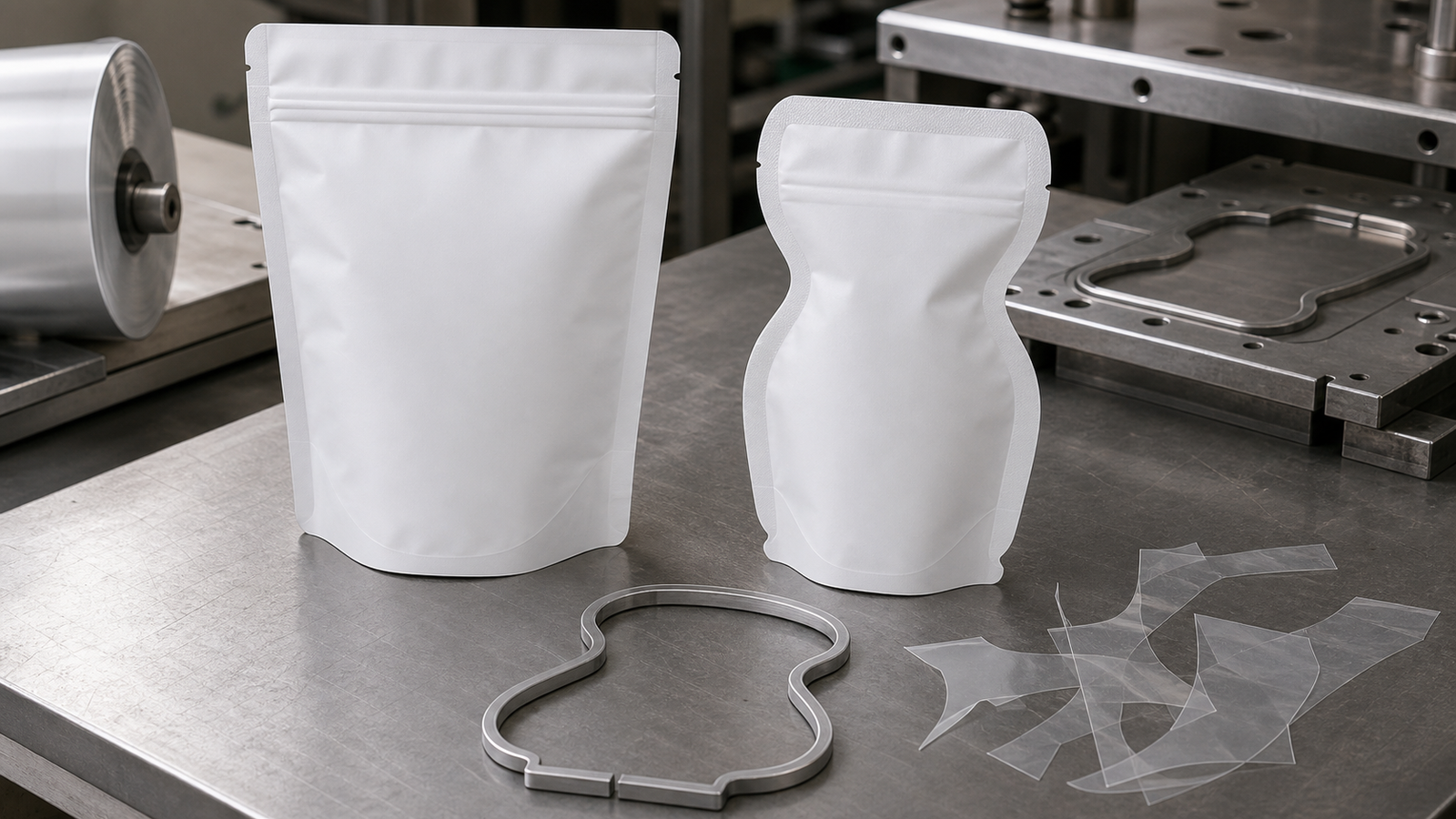 Custom Shape Pouch Tooling Unbranded shaped pouch blanks, die-cut outlines, and standard pouch samples on a production review table
