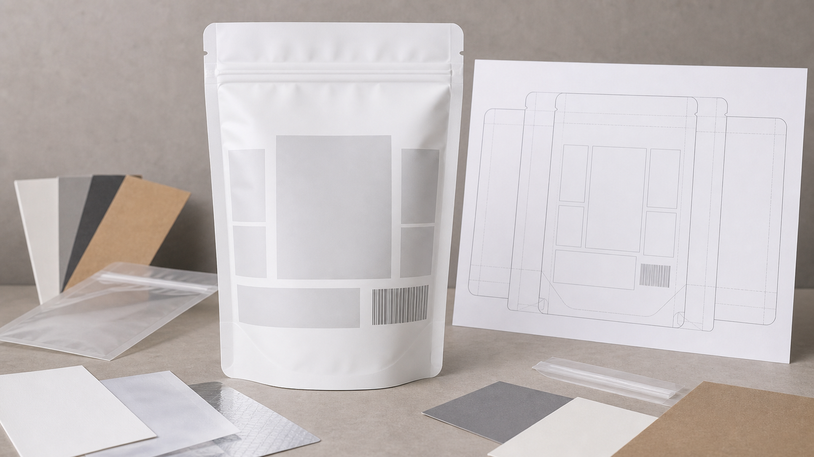 Label Space Layout Check Unbranded pouch mockups with blank label panels and layout guides for readable information areas