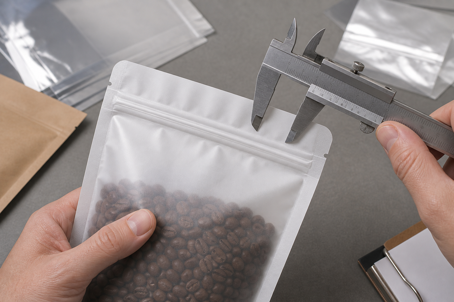 Top Seal Clearance Check Filled unbranded zipper pouch positioned near a sealing fixture to show top seal clearance.