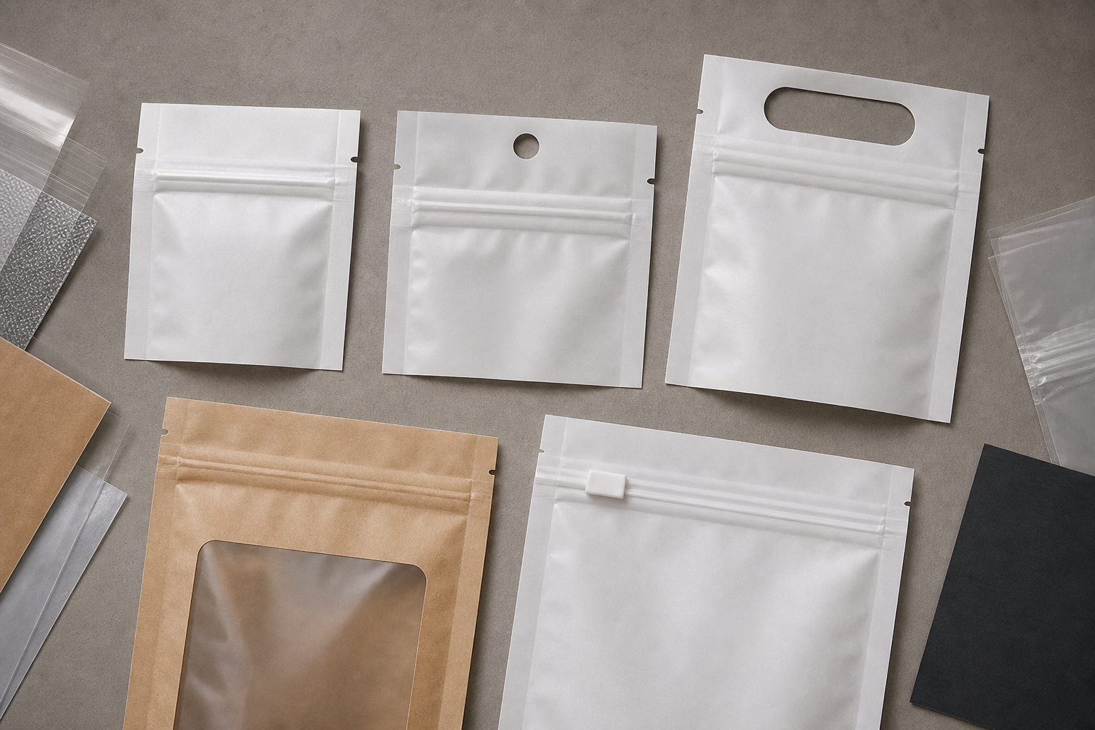 Added Pouch Feature Details Unbranded pouch samples showing added feature details including a hang hole, tear notch, window, and gusset.
