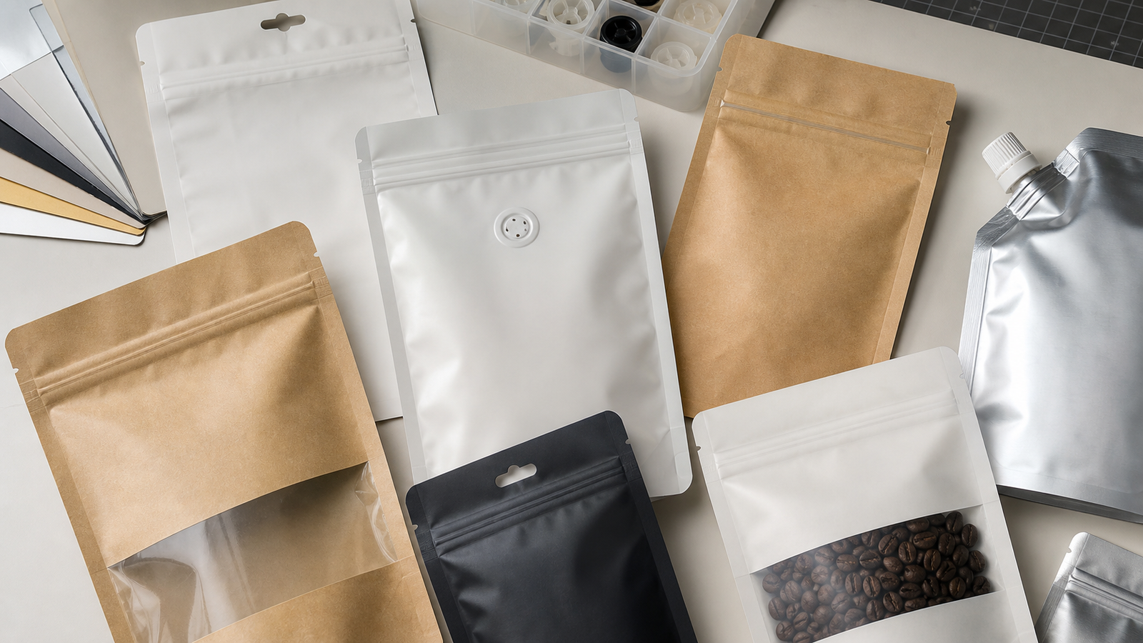 Unbranded stand-up pouches displaying zipper, tear notch, hang hole, window, valve, and spout options.