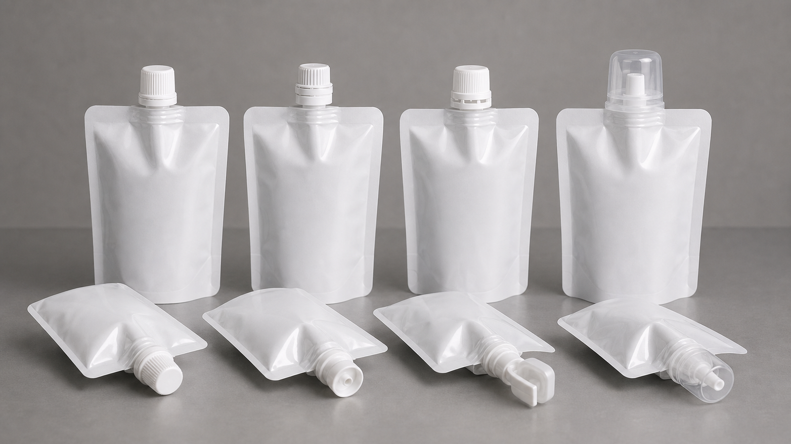 Unbranded spout pouches with different cap and closure styles displayed on a neutral surface.