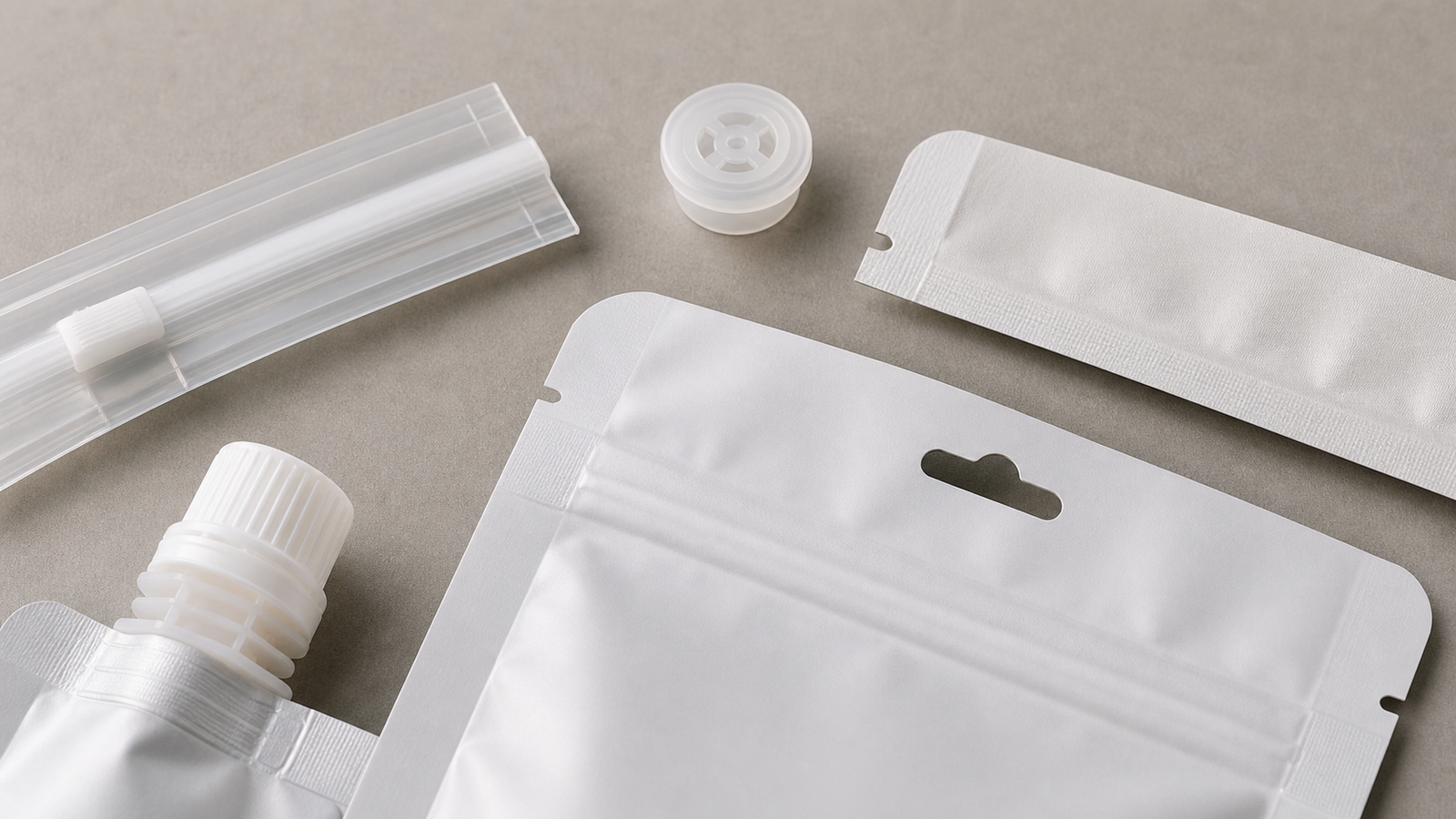 Pouch Closure Options Unbranded pouch closure features including zipper, tear notch, valve, and spout cap components