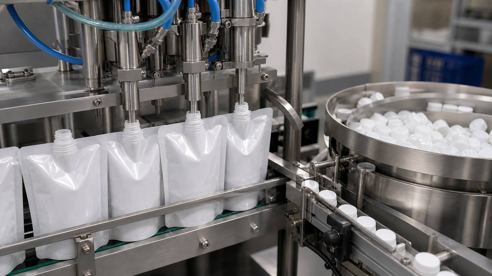 Unbranded pre-spouted pouches positioned under a filling nozzle on a clean packaging line.