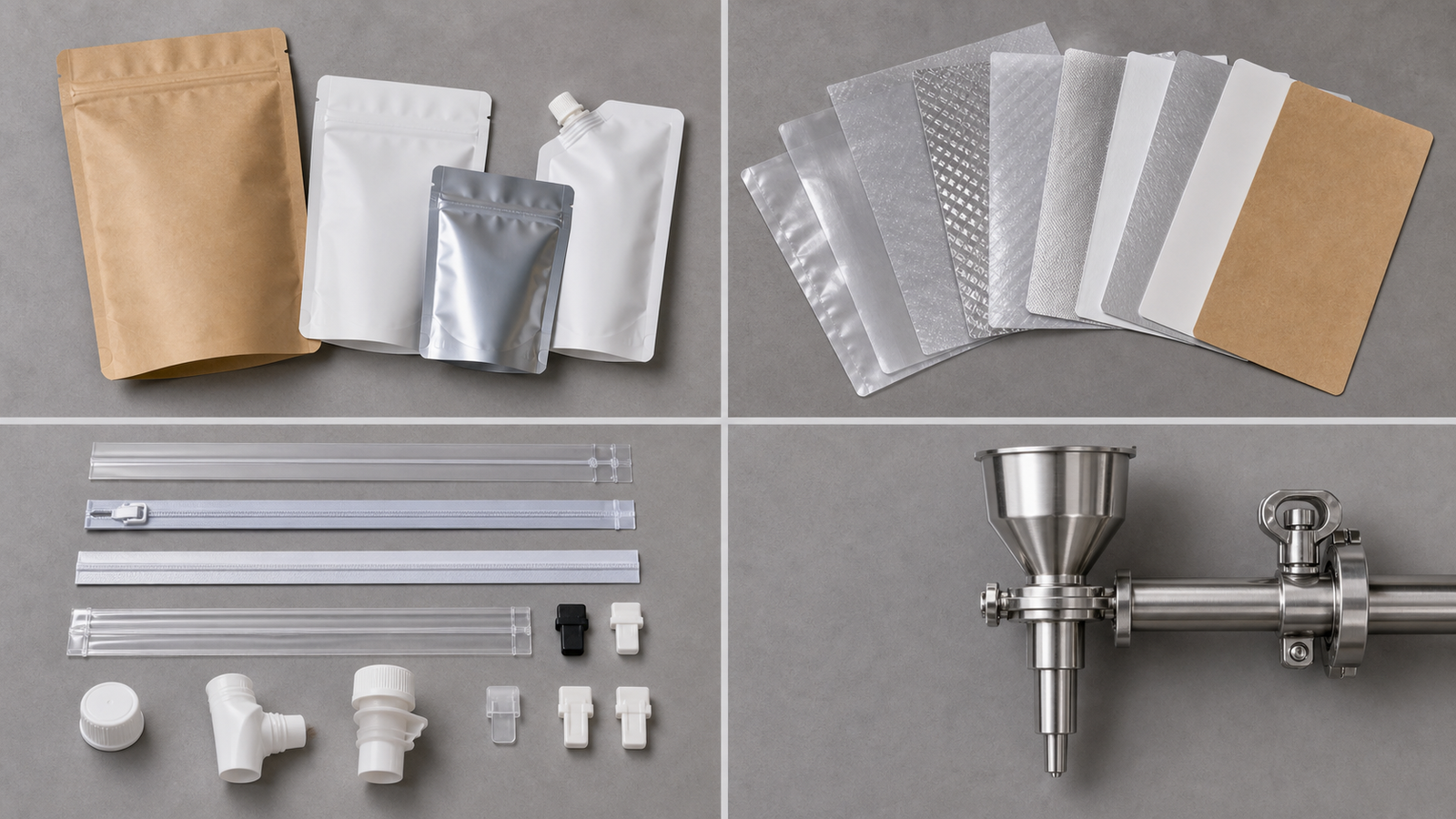 Pouch Decision Matrix Four grouped packaging components showing pouch format, film, closure, and filling method decisions