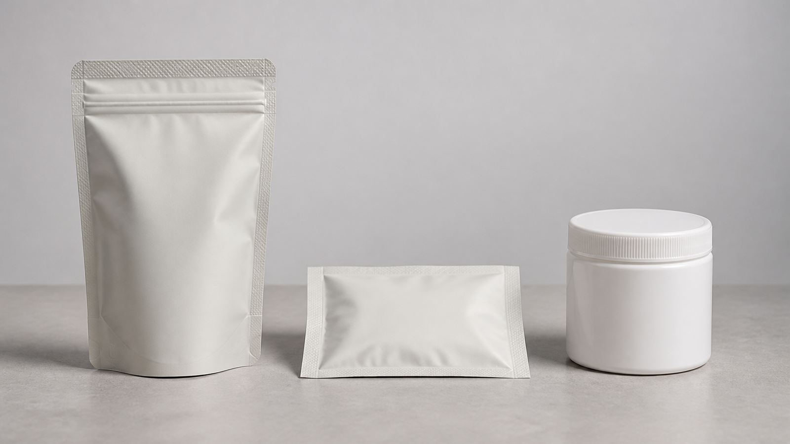 Cutaway view of a three-layer pouch laminate beside an unbranded finished stand-up pouch.