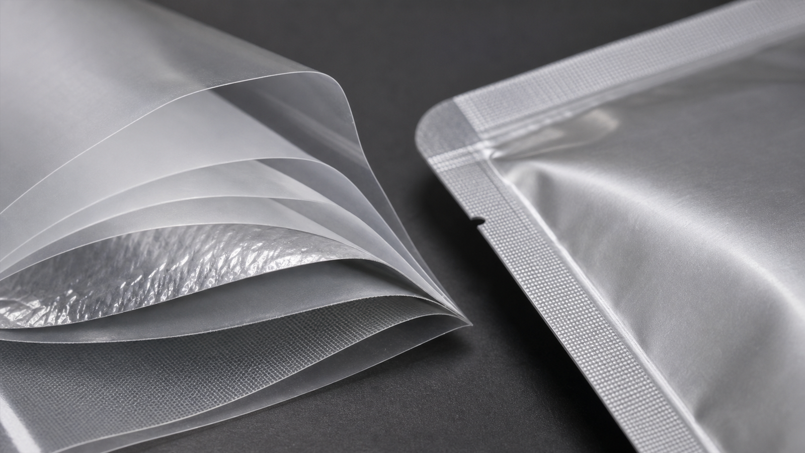 Retort Laminate Layer Samples Layered flexible packaging film swatches showing foil and transparent laminate samples.