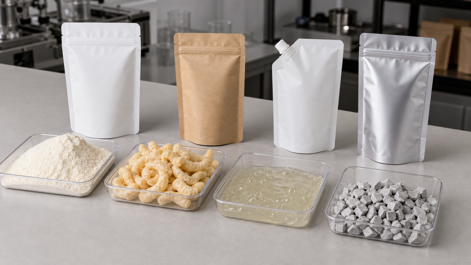 Product Behavior Pouch Samples Different unbranded pouch samples shown with dry snacks, powder, coffee beans, and liquid gel materials