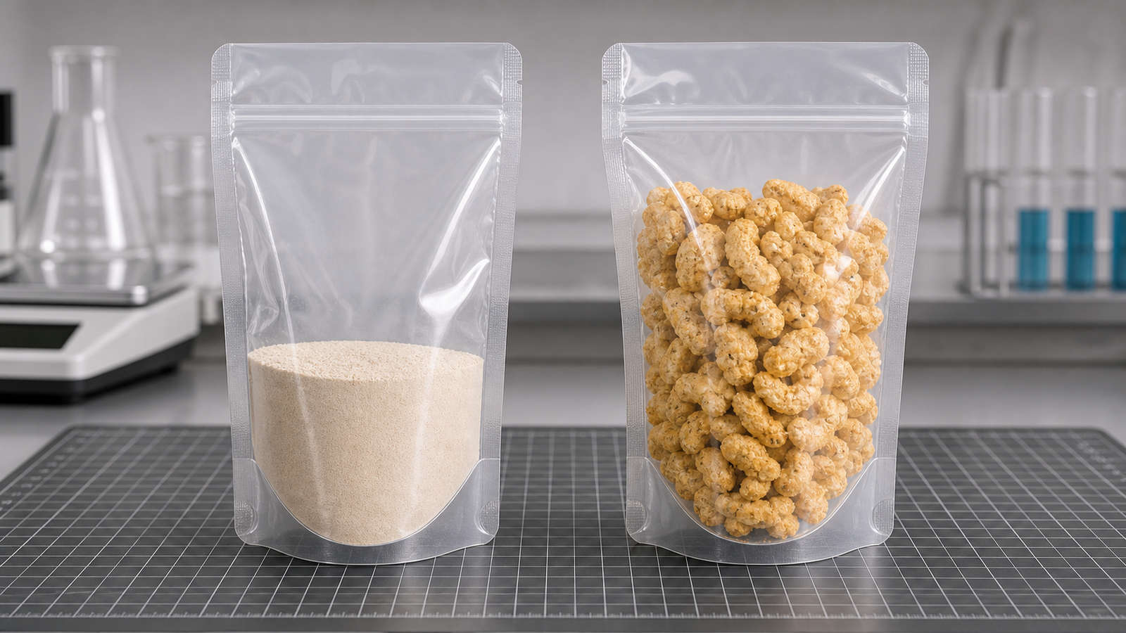 Density and Filled Volume Equal-weight powder and irregular dry pieces occupying different volumes in two demonstration pouches.