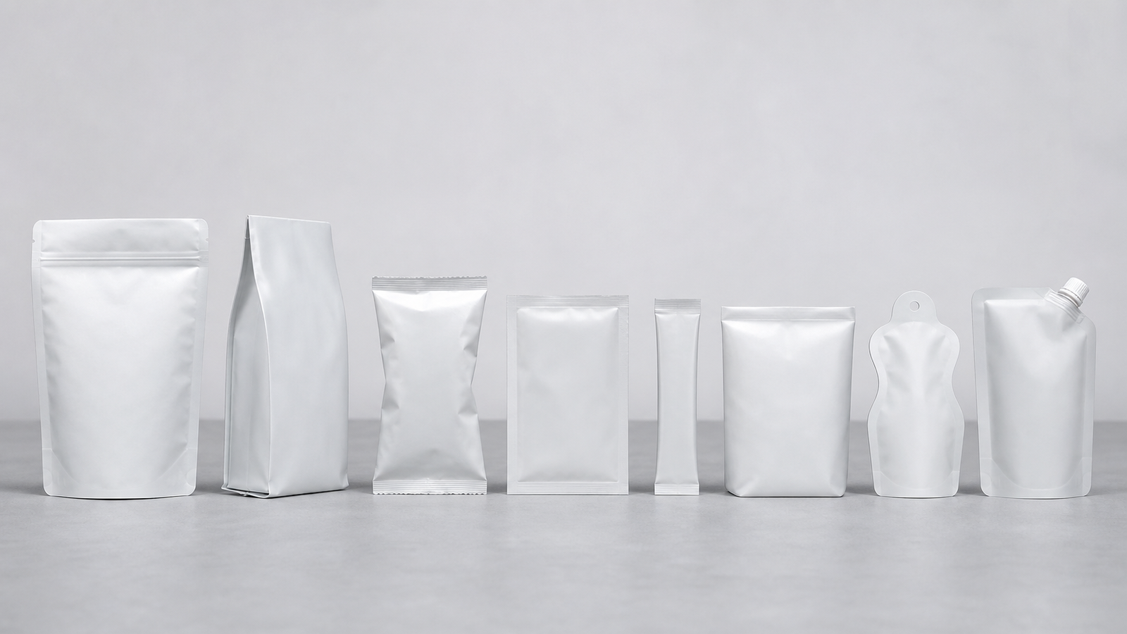 Common Flexible Pouch Types Several unbranded flexible pouch types arranged side by side with visible differences in shape, seals, gussets, and spout.