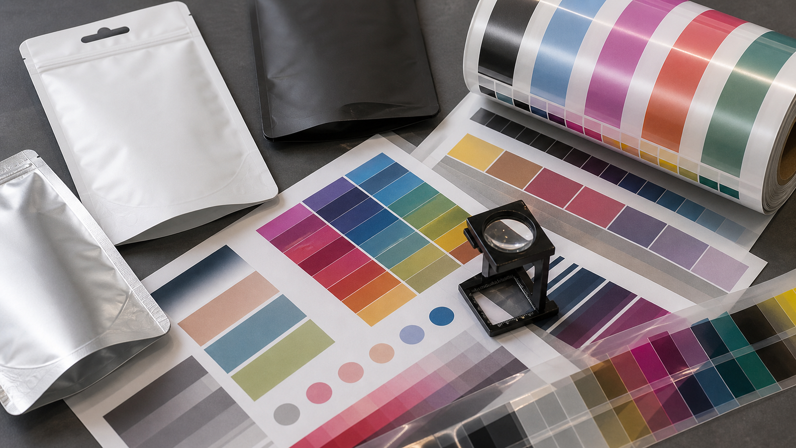 Printed Film Method Samples Unbranded printed film samples and pouch proofs with abstract color blocks on a review table