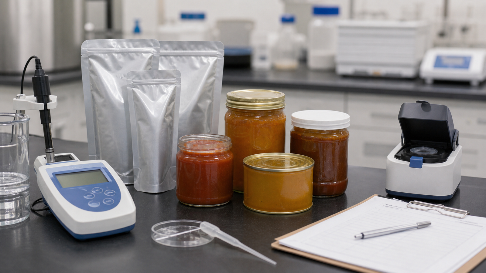 Product Property Review Packaging review bench with pouch samples, sauce, particulates, and lab tools.