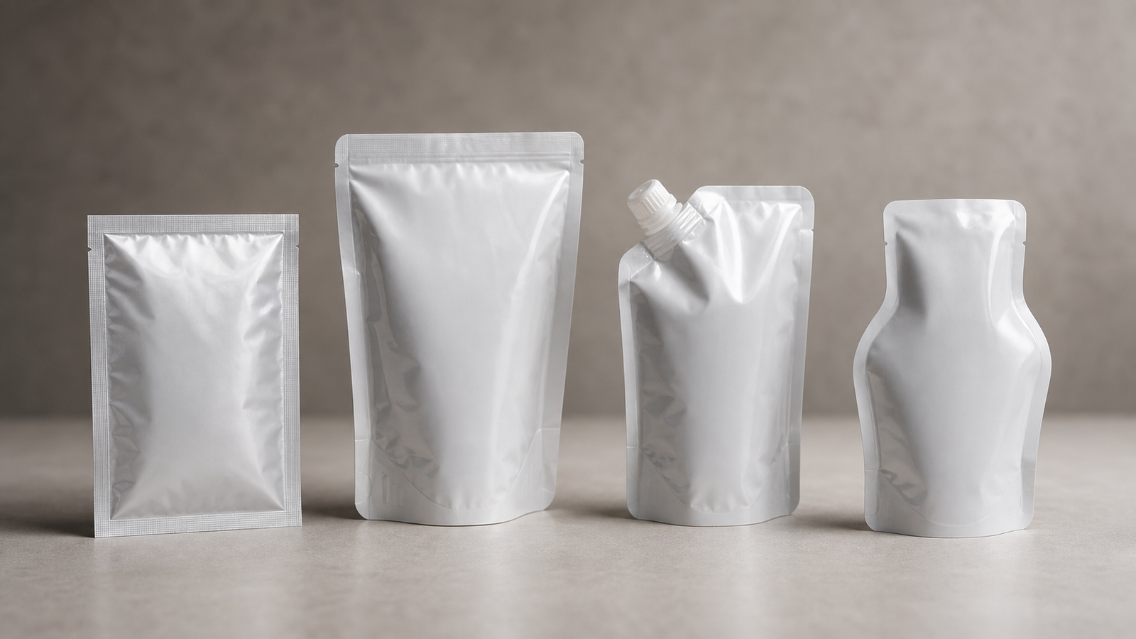 Retort Pouch Format Samples Unbranded flat, stand-up, spouted, and shaped retort pouch samples arranged for comparison.