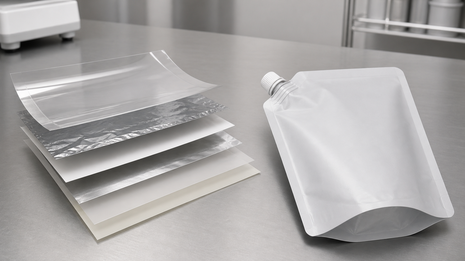 Layered flexible packaging film samples beside an unbranded spout pouch.