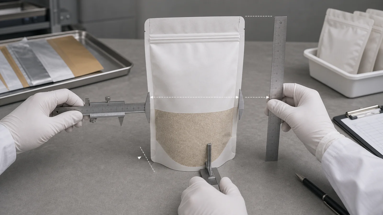 Filled Pouch Dimension Check A filled unbranded pouch being measured for height, width, base depth and headspace.