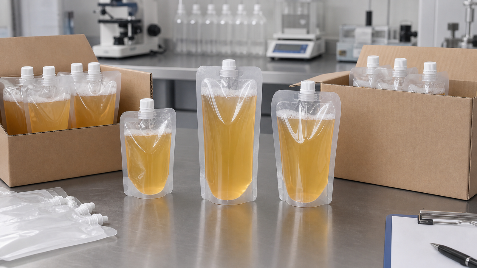 Filled unbranded spout pouches on a lab bench with visible headspace and sealed caps.