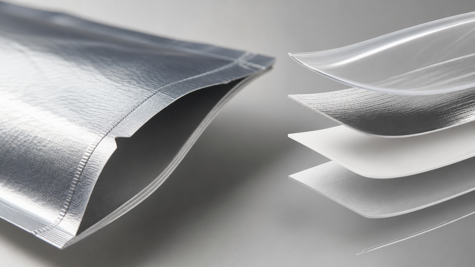 Flexible Film Layer Comparison Unbranded flexible film samples with a visual cross-section showing multiple laminate layers for pouch material comparison.