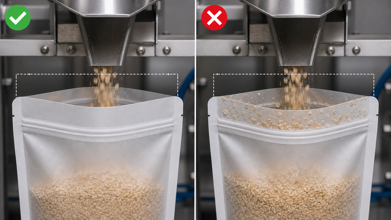 Zipper and Top-Seal Clearance A filling chute above a zipper pouch, showing clean top-seal clearance and a contaminated comparison sample.
